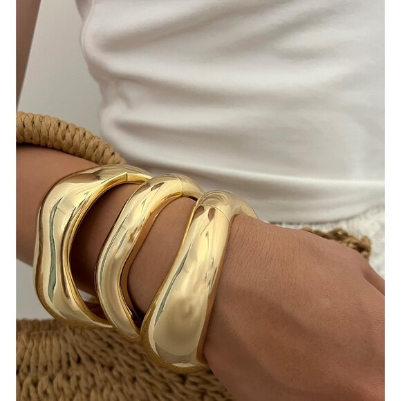 Gold Bangle Bracelets for Women - 3 Pcs Dainty Stackable Jewelry Set, 14k Gold P - Picture 7 of 8